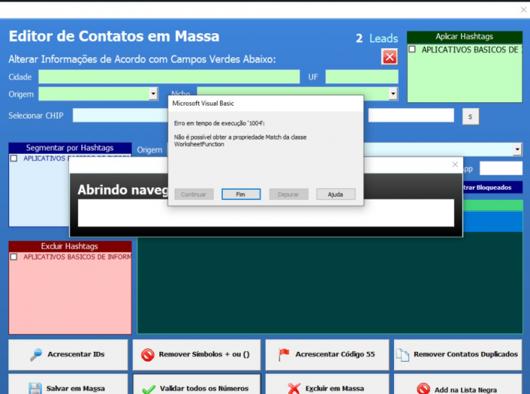 Leia mais sobre o artigo Erro 1004: Não é possível obter a propriedade Match da classe WorksheetFunction (Editor de Contatos em Massa) [RESOLVIDO]