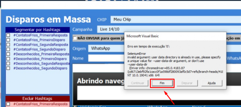 Leia mais sobre o artigo Erro SeleniumError: Invalid argument: user data directory is already in use, please specify a unique value for –user -data-dir argument, or don´t use –user -data-dir [RESOLVIDO]